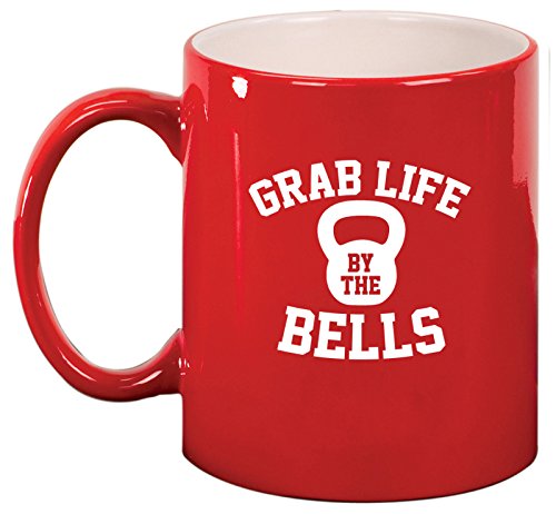 Ceramic Coffee Tea Mug Grab Life By The Bells Kettlebell Funny Workout Fitness (Red)