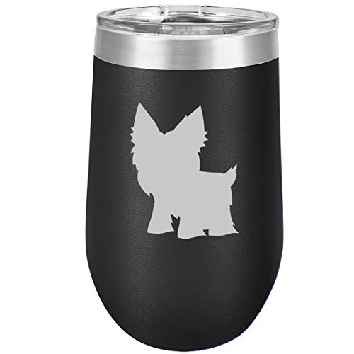 16 oz Double Wall Vacuum Insulated Stainless Steel Stemless Wine Tumbler Glass Coffee Travel Mug With Lid Yorkie (Black)