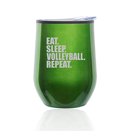Stemless Wine Tumbler Coffee Travel Mug Glass With Lid Eat Sleep Volleyball Repeat (Green)