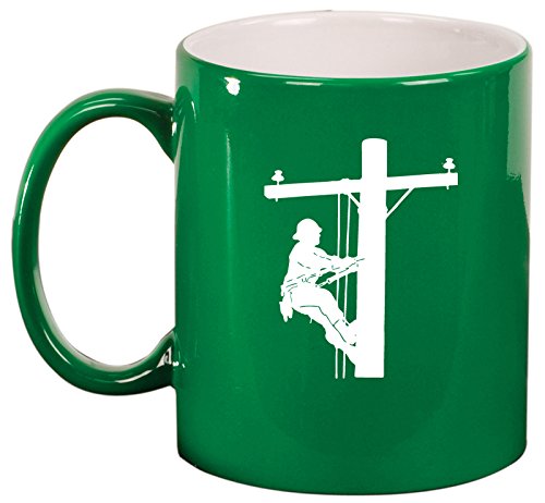 Ceramic Coffee Tea Mug Cup Lineman Electric Pole Climber (Green)