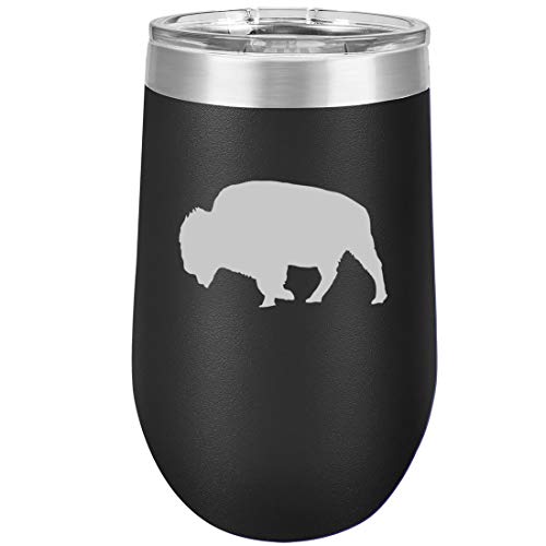16 oz Double Wall Vacuum Insulated Stainless Steel Stemless Wine Tumbler Glass Coffee Travel Mug With Lid Buffalo (Black)