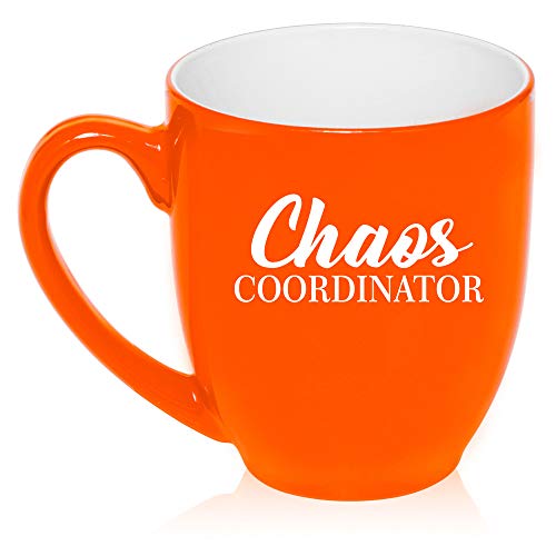 16 oz Large Bistro Mug Ceramic Coffee Tea Glass Cup Chaos Coordinator Mom Mother Teacher (Orange)