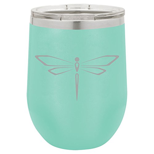 12 oz Double Wall Vacuum Insulated Stainless Steel Stemless Wine Tumbler Glass Coffee Travel Mug With Lid Dragonfly (Teal)