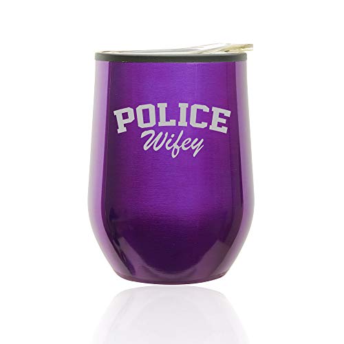 Stemless Wine Tumbler Coffee Travel Mug Glass With Lid Police Wifey (Royal Purple)