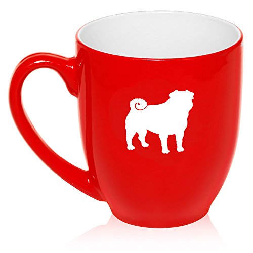 16 oz Large Bistro Mug Ceramic Coffee Tea Glass Cup Pug (Red)