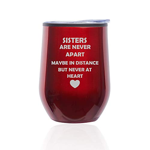 Stemless Wine Tumbler Coffee Travel Mug Glass With Lid Sisters Long Distance Love (Red)