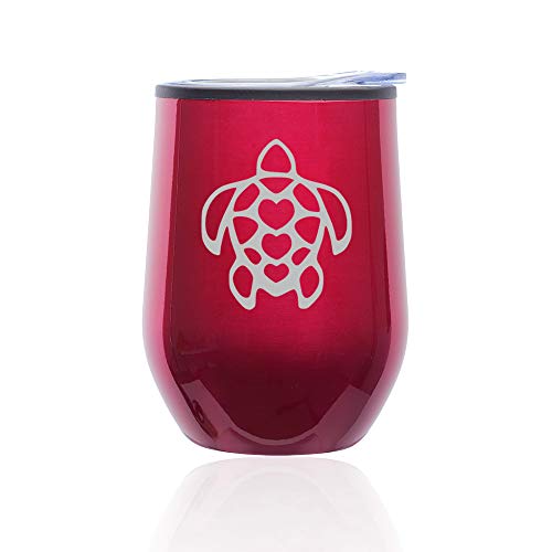 Stemless Wine Tumbler Coffee Travel Mug Glass With Lid Turtle Hearts (Fuchsia)