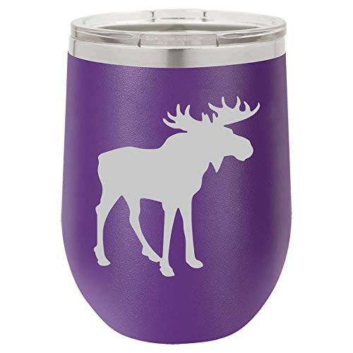 12 oz Double Wall Vacuum Insulated Stainless Steel Stemless Wine Tumbler Glass Coffee Travel Mug With Lid Moose (Purple)