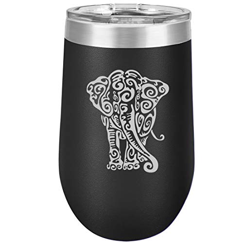 16 oz Double Wall Vacuum Insulated Stainless Steel Stemless Wine Tumbler Glass Coffee Travel Mug With Lid Tribal Elephant (Black)