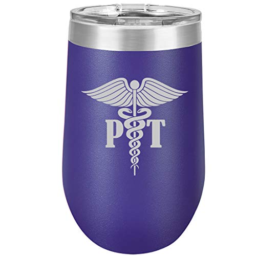 16 oz Double Wall Vacuum Insulated Stainless Steel Stemless Wine Tumbler Glass Coffee Travel Mug With Lid PT Physical Therapy Therapist (Purple)
