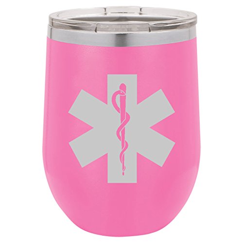 12 oz Double Wall Vacuum Insulated Stainless Steel Stemless Wine Tumbler Glass Coffee Travel Mug With Lid Star Of Life EMT Paramedic (Hot-Pink)