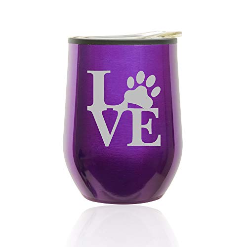 Stemless Wine Tumbler Coffee Travel Mug Glass With Lid Love Paw Print (Royal Purple)