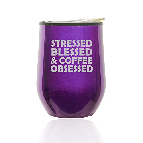 Stemless Wine Tumbler Coffee Travel Mug Glass With Lid Stressed Blessed & Coffee Obsessed (Royal Purple)
