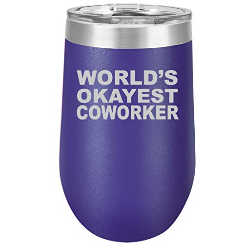 16 oz Double Wall Vacuum Insulated Stainless Steel Stemless Wine Tumbler Glass Coffee Travel Mug With Lid World's Okayest Coworker (Purple)