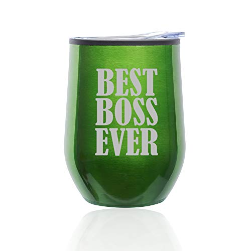 Stemless Wine Tumbler Coffee Travel Mug Glass With Lid Best Boss Ever (Green)