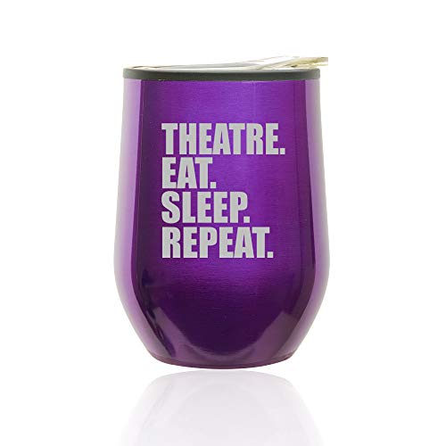Stemless Wine Tumbler Coffee Travel Mug Glass With Lid Theatre Eat Sleep Repeat (Royal Purple)