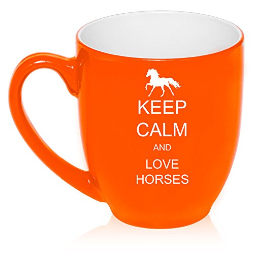 16 oz Large Bistro Mug Ceramic Coffee Tea Glass Cup Keep Calm and Love Horses (Orange)