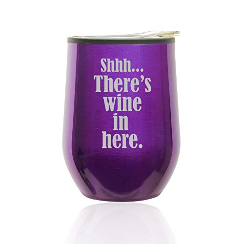 Stemless Wine Tumbler Coffee Travel Mug Glass With Lid Shhh There's Wine In Here (Royal Purple)