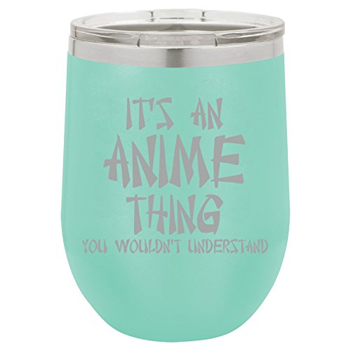 12 oz Double Wall Vacuum Insulated Stainless Steel Stemless Wine Tumbler Glass Coffee Travel Mug With Lid It's An Anime Thing (Teal)
