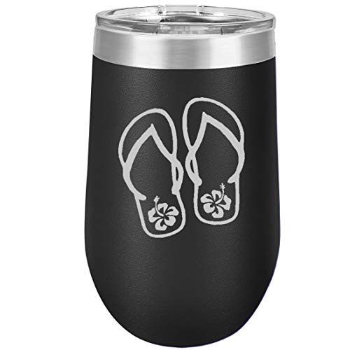 16 oz Double Wall Vacuum Insulated Stainless Steel Stemless Wine Tumbler Glass Coffee Travel Mug With Lid Flip Flops With Hibiscus (Black)