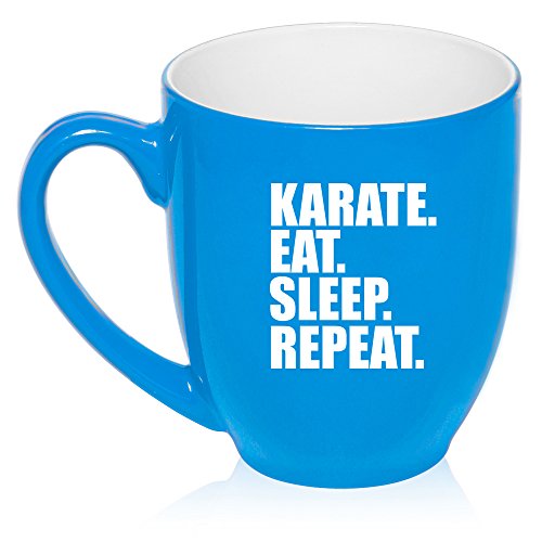 16 oz Large Bistro Mug Ceramic Coffee Tea Glass Cup Karate Eat Sleep Repeat (Light Blue)