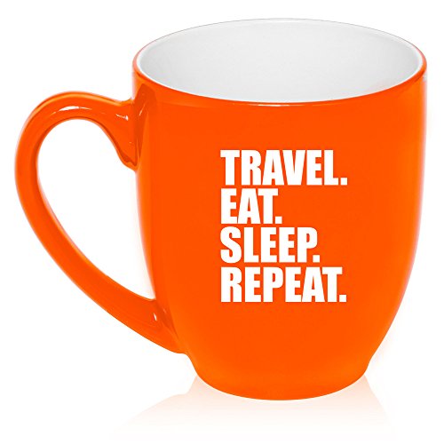 16 oz Large Bistro Mug Ceramic Coffee Tea Glass Cup Travel Eat Sleep Repeat (Orange)