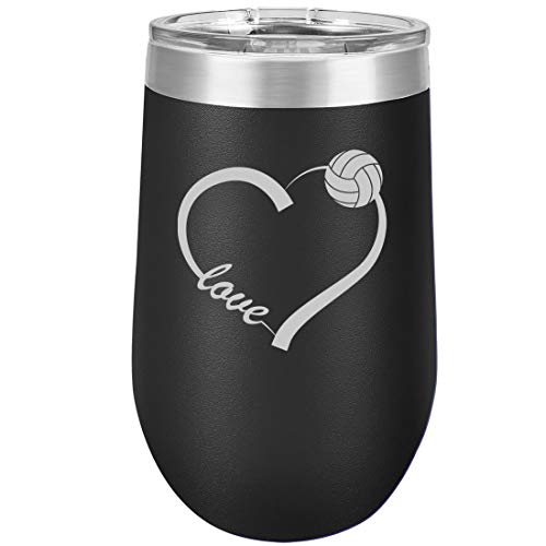 16 oz Double Wall Vacuum Insulated Stainless Steel Stemless Wine Tumbler Glass Coffee Travel Mug With Lid Love Heart Volleyball (Black)