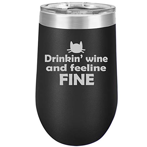 16 oz Double Wall Vacuum Insulated Stainless Steel Stemless Wine Tumbler Glass Coffee Travel Mug With Lid Drinking Wine And Feeline Fine Cat Funny (Black)