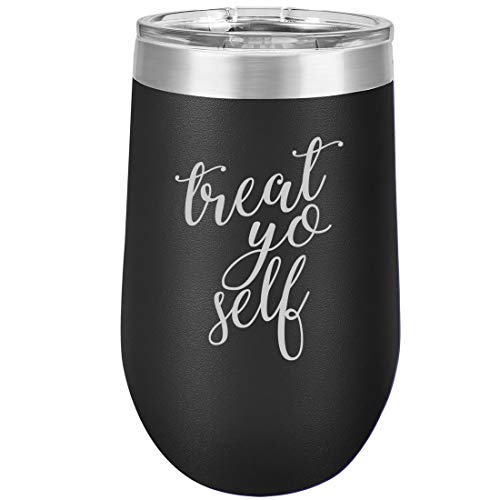 16 oz Double Wall Vacuum Insulated Stainless Steel Stemless Wine Tumbler Glass Coffee Travel Mug With Lid Treat Yo Self (Black)