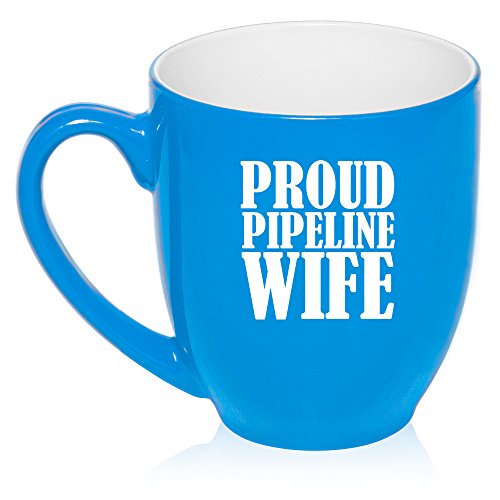 16 oz Large Bistro Mug Ceramic Coffee Tea Glass Cup Proud Pipeline Wife (Light Blue)