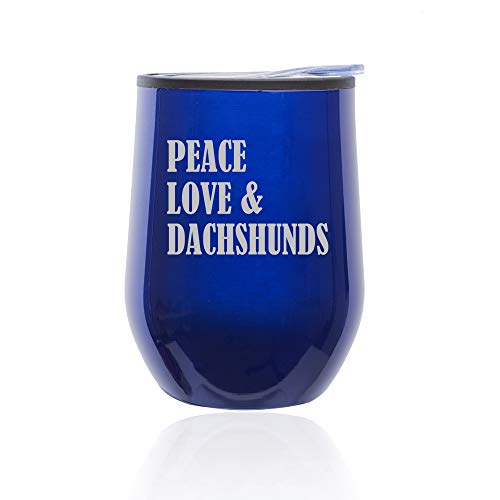 Stemless Wine Tumbler Coffee Travel Mug Glass With Lid Peace Love & Dachshunds