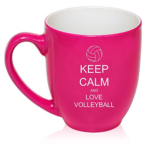 16 oz Large Bistro Mug Ceramic Coffee Tea Glass Cup Keep Calm and Love Volleyball (Hot Pink)