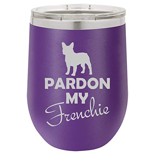 12 oz Double Wall Vacuum Insulated Stainless Steel Stemless Wine Tumbler Glass Coffee Travel Mug With Lid Pardon My Frenchie French Bulldog (Purple)