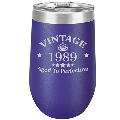 16 oz Double Wall Vacuum Insulated Stainless Steel Stemless Wine Tumbler Glass Coffee Travel Mug With Lid Vintage Aged To Perfection 1989 30th Birthday (Purple)
