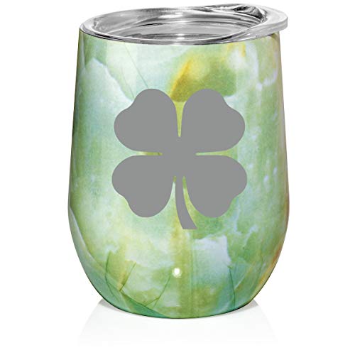 12 oz Double Wall Vacuum Insulated Stainless Steel Marble Stemless Wine Tumbler Glass Coffee Travel Mug With Lid 4 Leaf Clover Shamrock (Turquoise Green Marble)