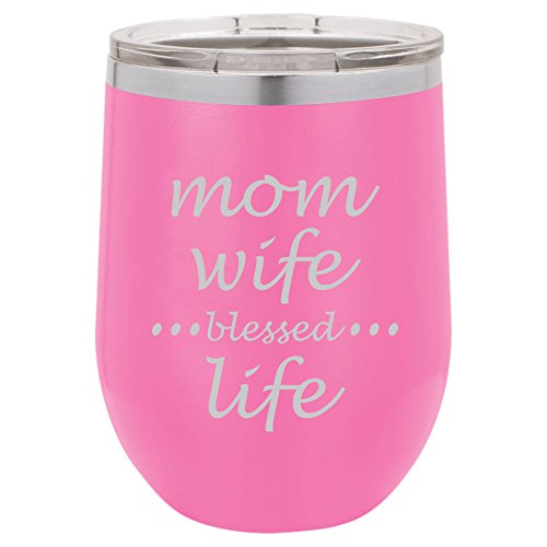 12 oz Double Wall Vacuum Insulated Stainless Steel Stemless Wine Tumbler Glass Coffee Travel Mug With Lid Mom Wife Blessed Life Mother (Hot-Pink)