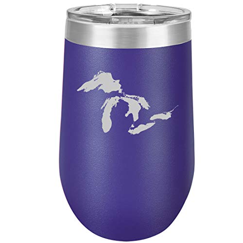 16 oz Double Wall Vacuum Insulated Stainless Steel Stemless Wine Tumbler Glass Coffee Travel Mug With Lid Great Lakes Michigan (Purple)