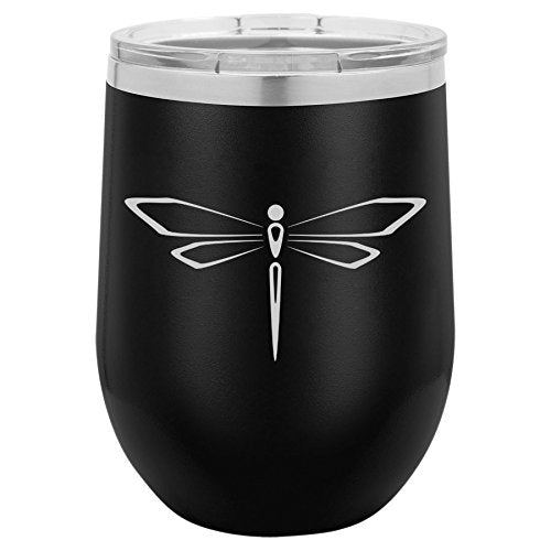 12 oz Double Wall Vacuum Insulated Stainless Steel Stemless Wine Tumbler Glass Coffee Travel Mug With Lid Dragonfly (Black)