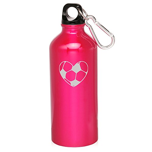 20oz Aluminum Sports Water Bottle Caribiner Clip Heart Soccer Ball (Hot Pink)
