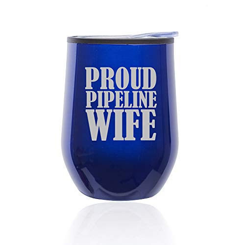 Stemless Wine Tumbler Coffee Travel Mug Glass With Lid Proud Pipeline Wife (Blue)