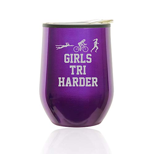 Stemless Wine Tumbler Coffee Travel Mug Glass With Lid Triathlon Girls Tri Harder Swim Bike Run (Royal Purple)