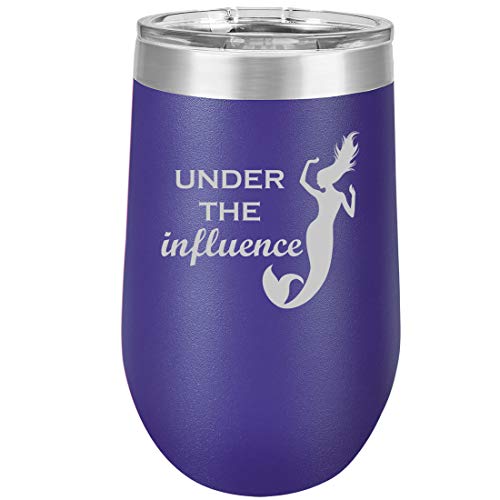 16 oz Double Wall Vacuum Insulated Stainless Steel Stemless Wine Tumbler Glass Coffee Travel Mug With Lid Under The Influence Mermaid Funny (Purple)