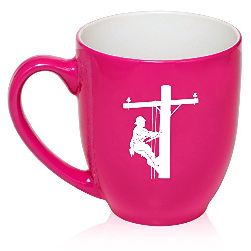16 oz Large Bistro Mug Ceramic Coffee Tea Glass Cup Lineman Electric Pole Climber (Hot Pink)