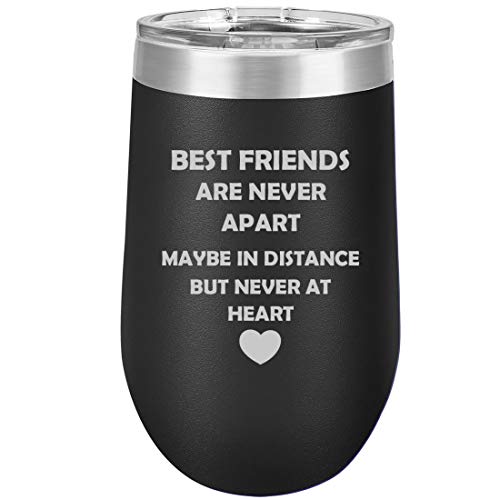 16 oz Double Wall Vacuum Insulated Stainless Steel Stemless Wine Tumbler Glass Coffee Travel Mug With Lid Best Friends Long Distance Love (Black)