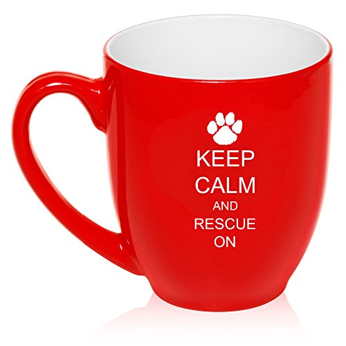 16 oz Large Bistro Mug Ceramic Coffee Tea Glass Cup Keep Calm And Rescue On Animal Dogs Paw Print (Red)