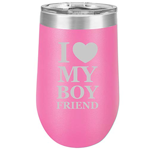 16 oz Double Wall Vacuum Insulated Stainless Steel Stemless Wine Tumbler Glass Coffee Travel Mug With Lid I Love My Boyfriend (Hot Pink)