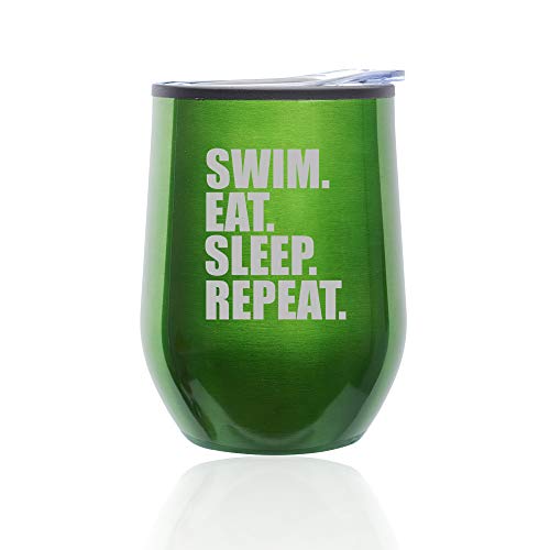 Stemless Wine Tumbler Coffee Travel Mug Glass With Lid Swim Eat Sleep Repeat (Green)