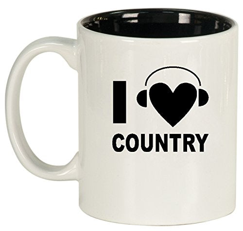 Ceramic Coffee Tea Mug Cup I Heart Love Country Music Headphones (White)