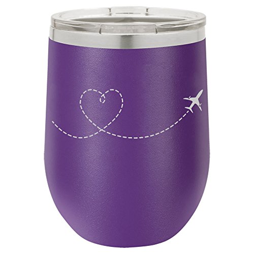 12 oz Double Wall Vacuum Insulated Stainless Steel Stemless Wine Tumbler Glass Coffee Travel Mug With Lid Heart Love Travel Airplane (Purple)