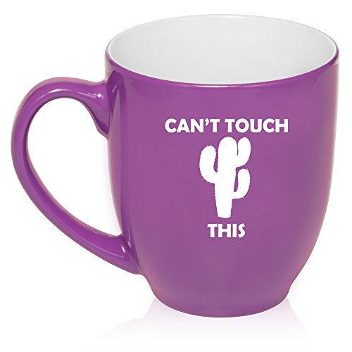 16 oz Large Bistro Mug Ceramic Coffee Tea Glass Cup Can't Touch This Cactus Funny (Purple)